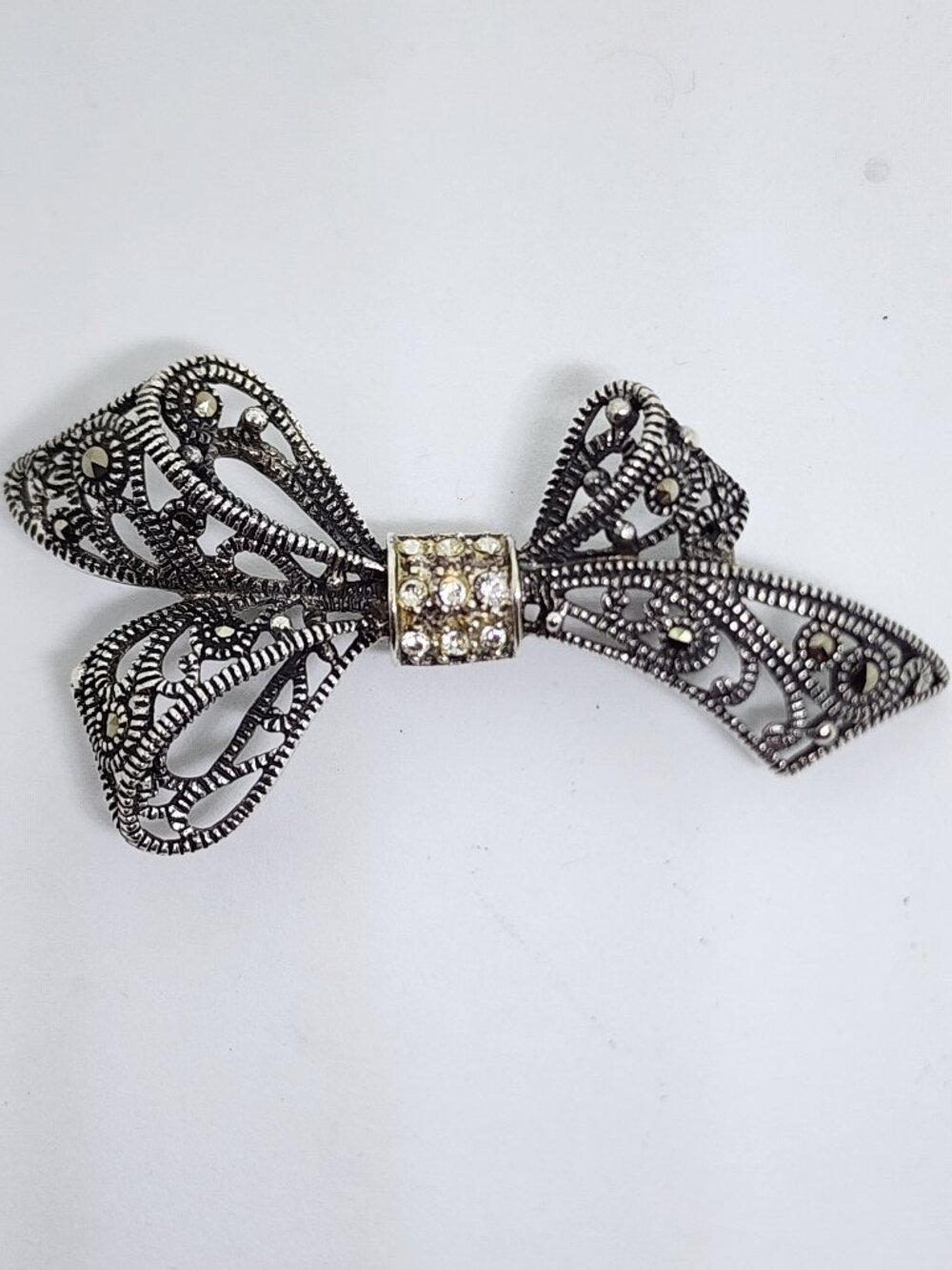 Vintage Sterling Silver Rhinestone and Marcasite Accent Bow Pin Brooch